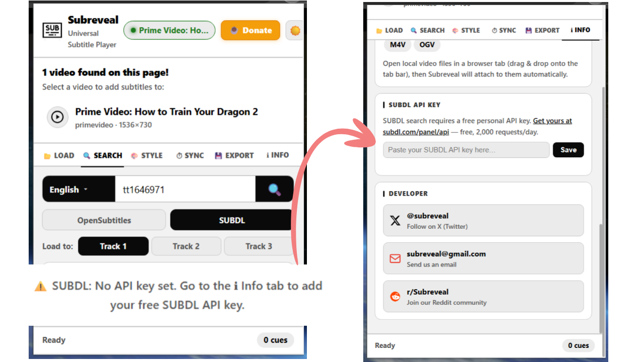 Set up free SUBDL API key in Info tab